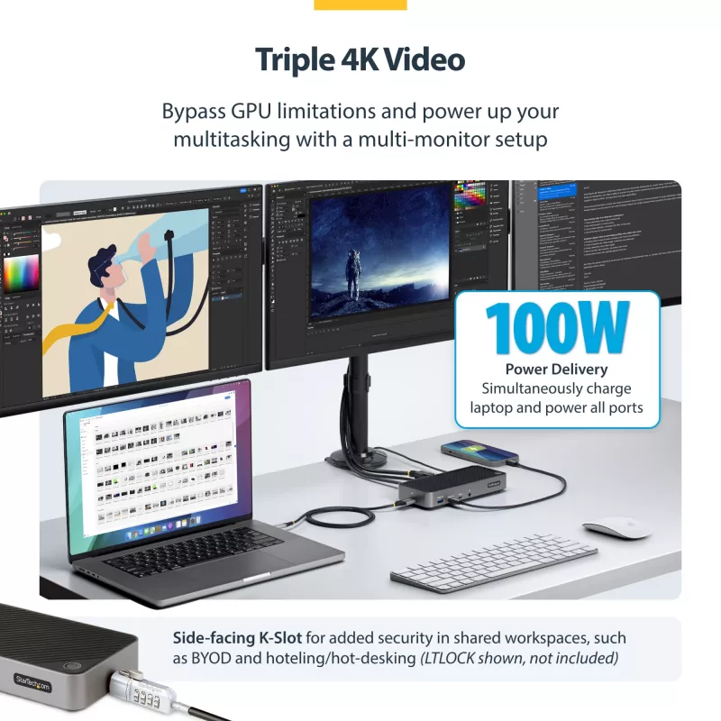 StarTech.com USB-C Triple Monitor Docking Station - HDMI/DP Triple 4k USB-C Dock - 5x USB Hub - GbE - 100W PD - Universal Multi Monitor Docking Station - Thunderbolt 3/4 Kompatibel