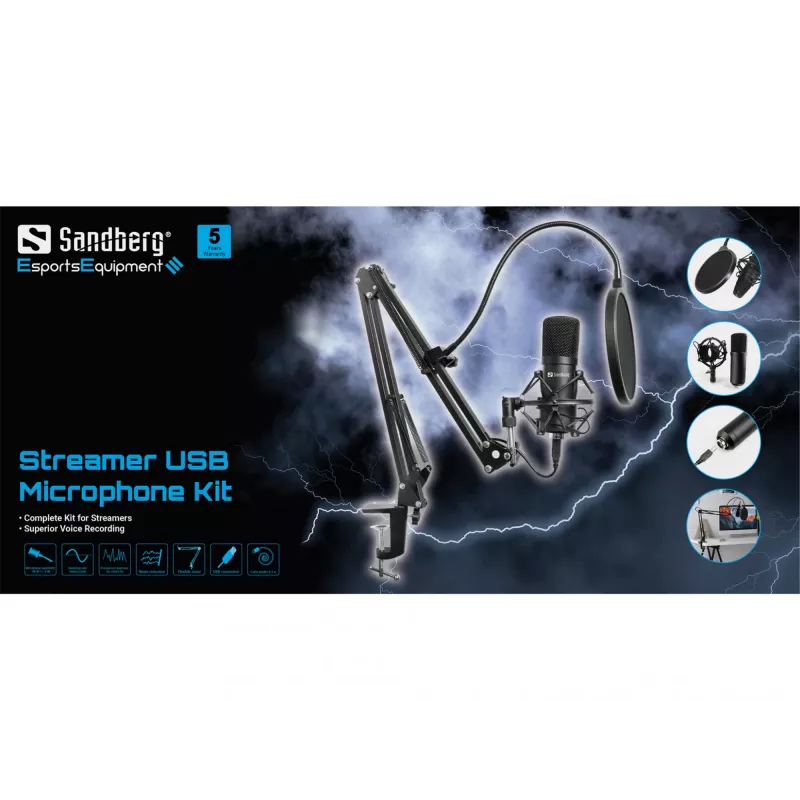 Sandberg Streamer USB Microphone Kit, Studio microphone, -27 dB, 30 - 16000 Hz, 24 bit, 96 kHz, Unidirectional