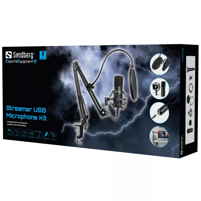 Sandberg Streamer USB Microphone Kit, Studio microphone, -27 dB, 30 - 16000 Hz, 24 bit, 96 kHz, Unidirectional