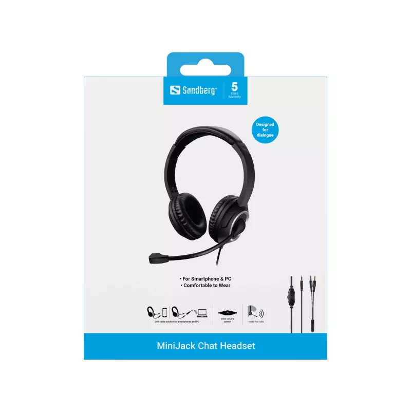 Sandberg MiniJack Chat Headset, Kabelgebunden, Anrufe/Musik, 20 - 20000 Hz, 180 g, Headset, Schwarz