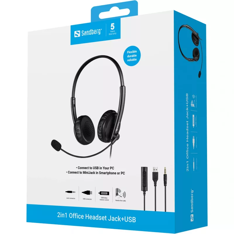 Sandberg 2in1 Office Headset Klinke+USB, Kabelgebunden, Büro/Callcenter, 20 - 20000 Hz, 110 g, Kopfhörer, Schwarz