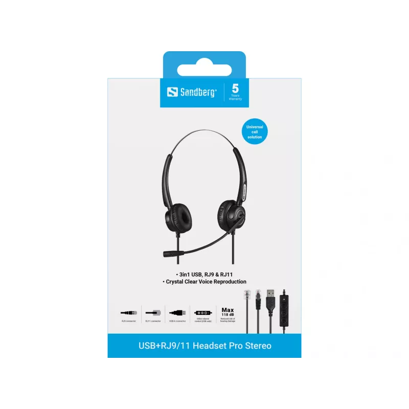 Sandberg USB+RJ9/11 Headset Pro Stereo, Kabelgebunden, Büro/Callcenter, 20 - 7000 Hz, Headset, Schwarz