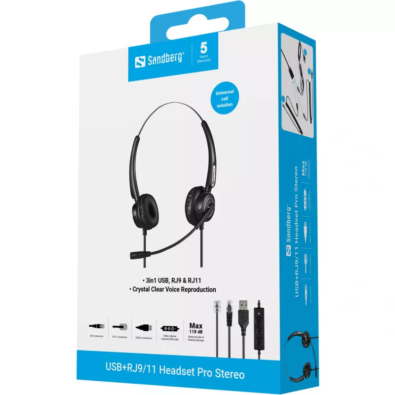 Sandberg USB+RJ9/11 Headset Pro Stereo, Kabelgebunden, Büro/Callcenter, 20 - 7000 Hz, Headset, Schwarz