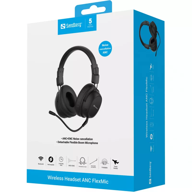 Sandberg kabelloses Headset ANC FlexMic, Kabellos, Gaming, 20 - 20000 Hz, 211 g, Headset, Schwarz