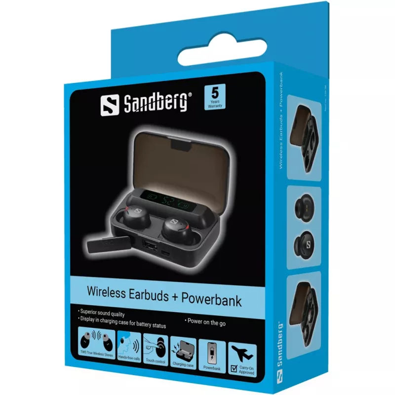 Sandberg Wireless Earbuds + Powerbank, True Wireless Stereo (TWS), 20 - 20000 Hz, Anrufe/Musik, Headset, Schwarz
