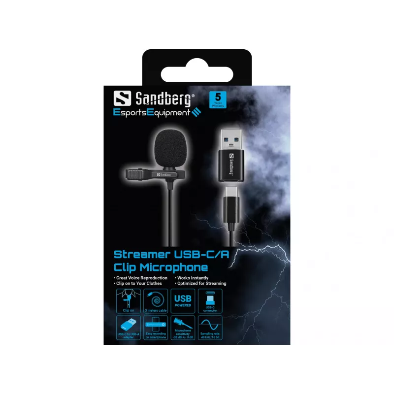 Sandberg Streamer USB Clip-Mikrofon, Lavalier-/Ansteckmikrofon, -38 dB, 50 - 18000 Hz, 16 Bit, 48 kHz, 84 dB