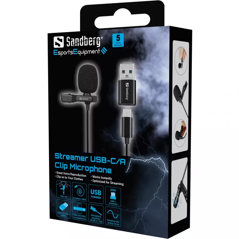 Sandberg Streamer USB Clip-Mikrofon, Lavalier-/Ansteckmikrofon, -38 dB, 50 - 18000 Hz, 16 Bit, 48 kHz, 84 dB
