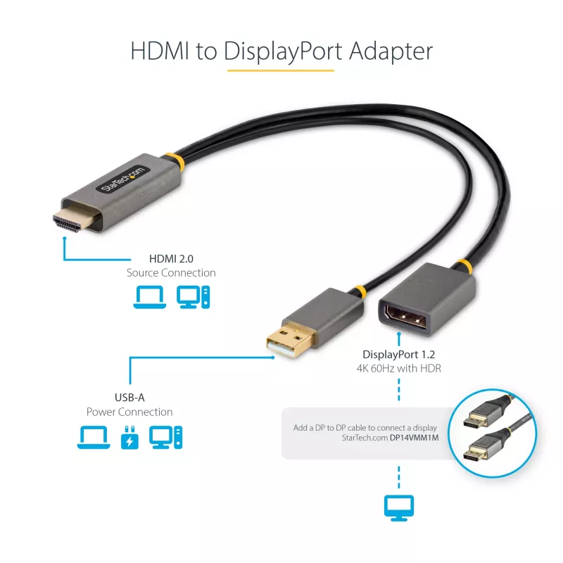 StarTech.com 30cm HDMI-zu-DisplayPort-Adapterkabel, Aktiver 4K 60Hz HDMI 2.0 zu DP 1.2 Konverter, HDR, USB-Bus-Stromversorgung, HDMI-Quelle zu DisplayPort-Monitor für Laptops/PCs