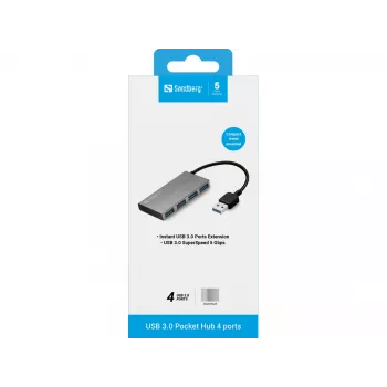 Sandberg USB 3.0 Pocket Hub 4 Ports, USB 3.2 Gen 1 (3.1 Gen 1) Typ-A, USB 3.2 Gen 1 (3.1 Gen 1) Typ-A, 5000 Mbit/s, Weiß, Aluminium, RoHS