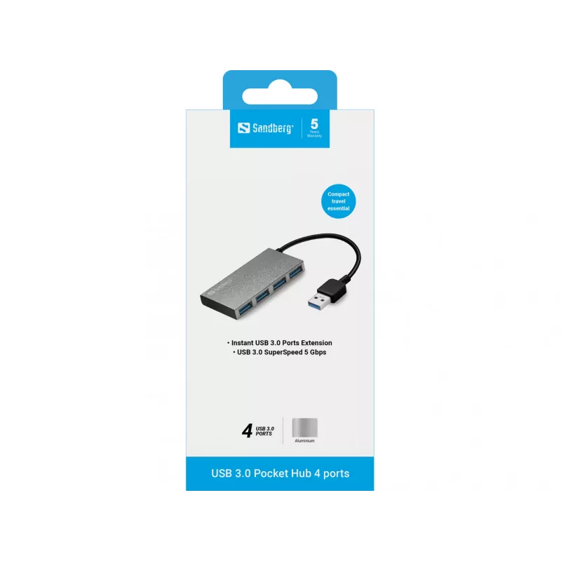 Sandberg USB 3.0 Pocket Hub 4 Ports, USB 3.2 Gen 1 (3.1 Gen 1) Typ-A, USB 3.2 Gen 1 (3.1 Gen 1) Typ-A, 5000 Mbit/s, Weiß, Aluminium, RoHS