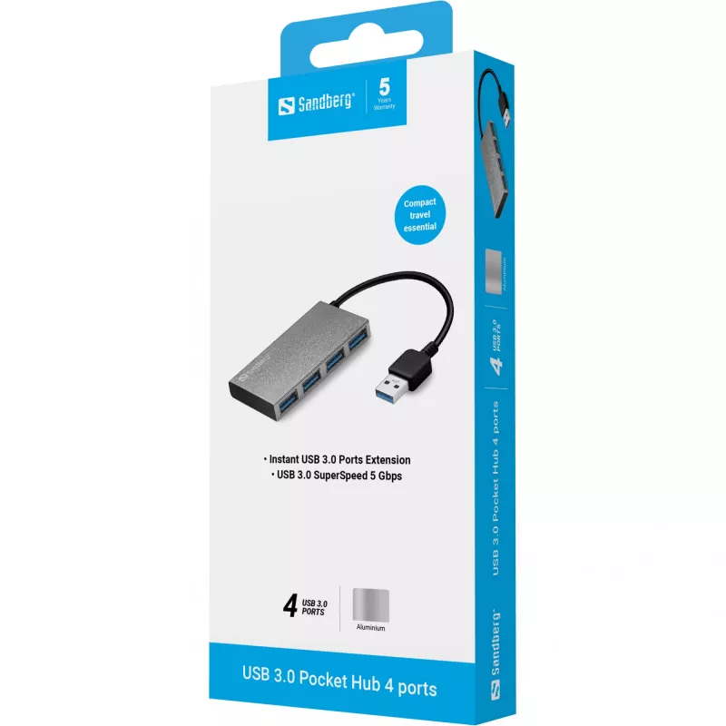 Sandberg USB 3.0 Pocket Hub 4 Ports, USB 3.2 Gen 1 (3.1 Gen 1) Typ-A, USB 3.2 Gen 1 (3.1 Gen 1) Typ-A, 5000 Mbit/s, Weiß, Aluminium, RoHS