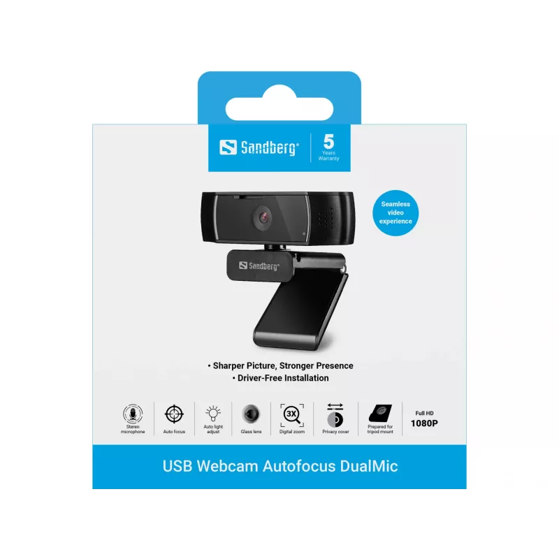 Sandberg USB Webcam Autofocus DualMic, 2,07 MP, 1920 x 1080 Pixel, Full HD, 30 fps, 70°, 70°
