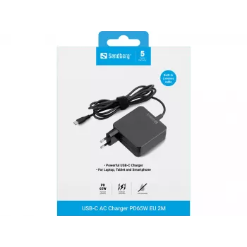 Sandberg USB-C AC Ladegerät PD65W EU 2M, Innenbereich, AC, 20 V, 1 m, Schwarz