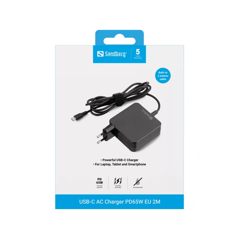 Sandberg USB-C AC Ladegerät PD65W EU 2M, Innenbereich, AC, 20 V, 1 m, Schwarz