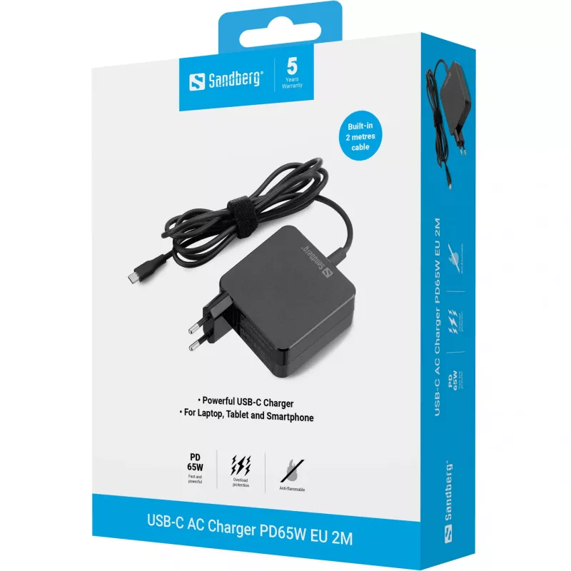 Sandberg USB-C AC Ladegerät PD65W EU 2M, Innenbereich, AC, 20 V, 1 m, Schwarz