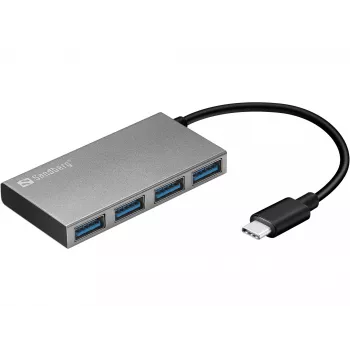 Sandberg USB-C auf 4x USB 3.0 Pocket Hub, USB 3.2 Gen 1 (3.1 Gen 1) Typ-C, USB 3.2 Gen 1 (3.1 Gen 1) Typ-A, Weiß, Aluminium, RoHS, Windows 10, Windows 7, Windows 8