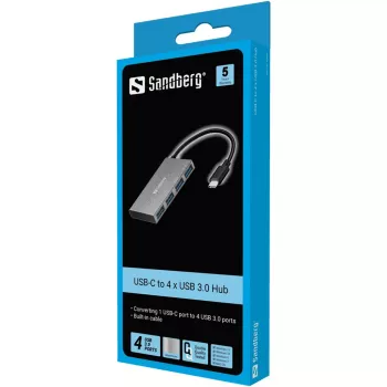 Sandberg USB-C auf 4x USB 3.0 Pocket Hub, USB 3.2 Gen 1 (3.1 Gen 1) Typ-C, USB 3.2 Gen 1 (3.1 Gen 1) Typ-A, Weiß, Aluminium, RoHS, Windows 10, Windows 7, Windows 8