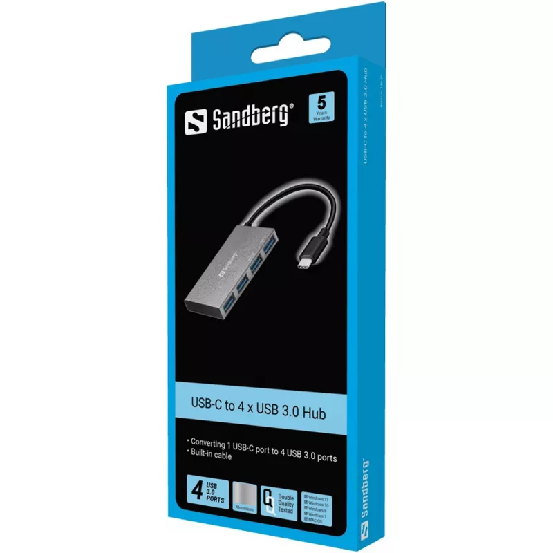 Sandberg USB-C auf 4x USB 3.0 Pocket Hub, USB 3.2 Gen 1 (3.1 Gen 1) Typ-C, USB 3.2 Gen 1 (3.1 Gen 1) Typ-A, Weiß, Aluminium, RoHS, Windows 10, Windows 7, Windows 8