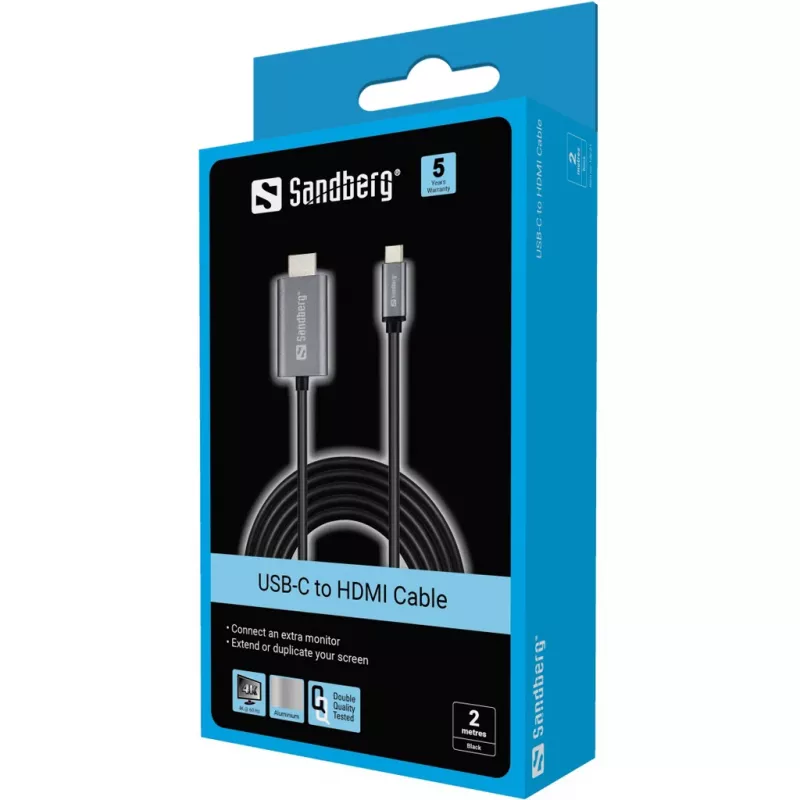 Sandberg USB-C auf HDMI Kabel 2M, 2 m, USB Type-C, HDMI, Stecker, Stecker, gerade