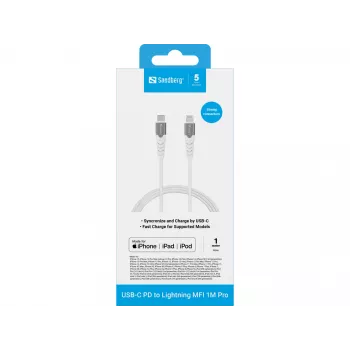 Sandberg USB-C PD to Lightning MFI 1M PRO, 1 m, Lightning, USB C, Stecker, Stecker, Weiß