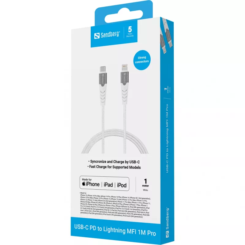Sandberg USB-C PD to Lightning MFI 1M PRO, 1 m, Lightning, USB C, Stecker, Stecker, Weiß