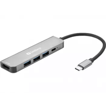 Sandberg USB-C Dock HDMI+3xUSB+PD 100W, Kabelgebunden, USB 3.2 Gen 1 (3.1 Gen 1) Typ-C, 100 W, Grau, 4K Ultra HD, Aluminium