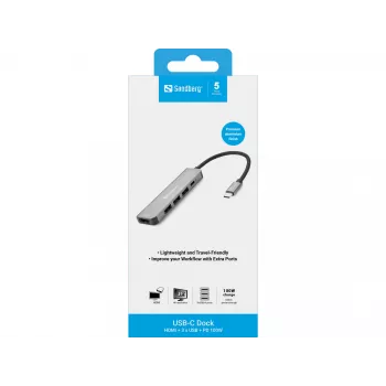 Sandberg USB-C Dock HDMI+3xUSB+PD 100W, Kabelgebunden, USB 3.2 Gen 1 (3.1 Gen 1) Typ-C, 100 W, Grau, 4K Ultra HD, Aluminium