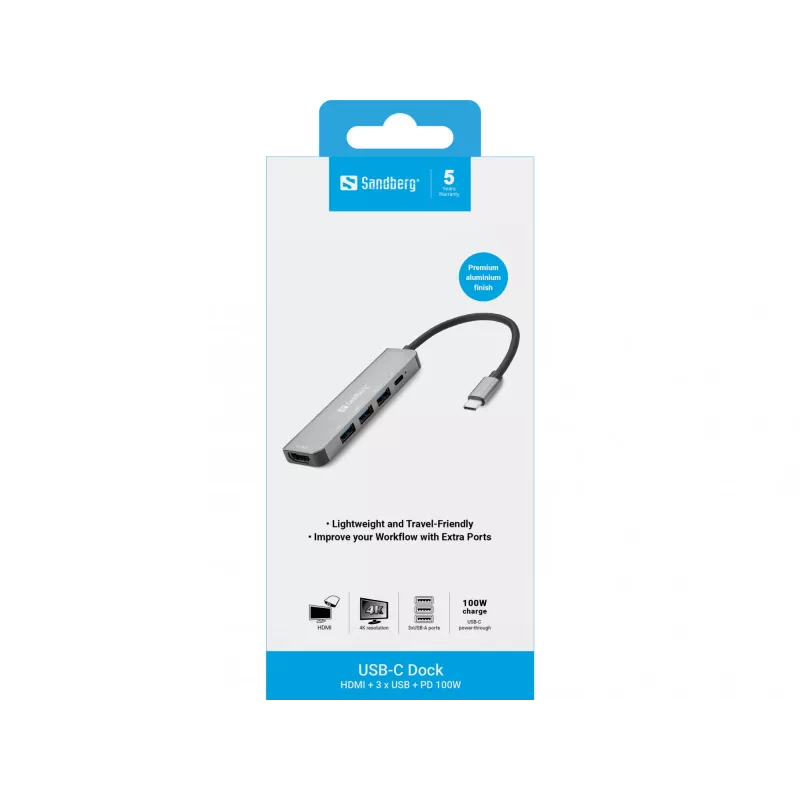 Sandberg USB-C Dock HDMI+3xUSB+PD 100W, Kabelgebunden, USB 3.2 Gen 1 (3.1 Gen 1) Typ-C, 100 W, Grau, 4K Ultra HD, Aluminium