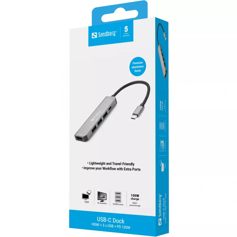 Sandberg USB-C Dock HDMI+3xUSB+PD 100W, Kabelgebunden, USB 3.2 Gen 1 (3.1 Gen 1) Typ-C, 100 W, Grau, 4K Ultra HD, Aluminium