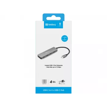 Sandberg USB-C auf 4 x USB-C Hub, USB 3.2 Gen 1 (3.1 Gen 1) Type-C, USB 3.2 Gen 1 (3.1 Gen 1) Type-C, 10000 Mbit/s, Grau, Aluminium, 0,15 m