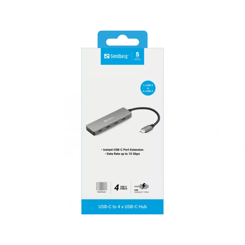 Sandberg USB-C auf 4 x USB-C Hub, USB 3.2 Gen 1 (3.1 Gen 1) Type-C, USB 3.2 Gen 1 (3.1 Gen 1) Type-C, 10000 Mbit/s, Grau, Aluminium, 0,15 m