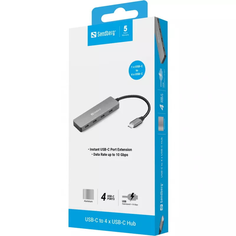 Sandberg USB-C auf 4 x USB-C Hub, USB 3.2 Gen 1 (3.1 Gen 1) Type-C, USB 3.2 Gen 1 (3.1 Gen 1) Type-C, 10000 Mbit/s, Grau, Aluminium, 0,15 m