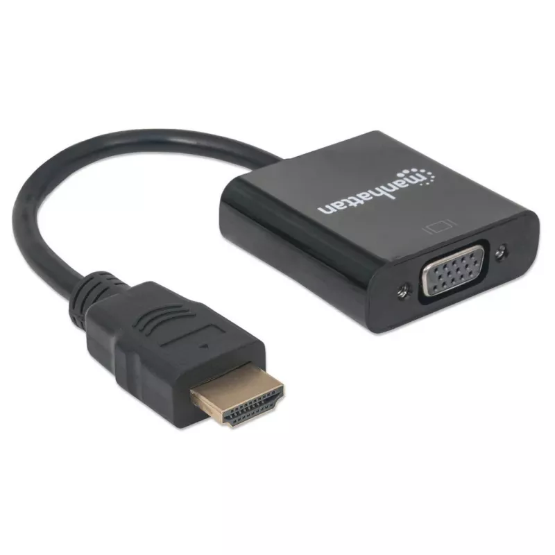 Manhattan HDMI-zu-VGA-Konverterkabel, 1080p, 30 cm, Stecker auf Buchse, Micro-USB-Stromeingang für zusätzliche Stromversorgung bei Bedarf, Schwarz, drei Jahre Garantie, entspricht HD2VGAE2.