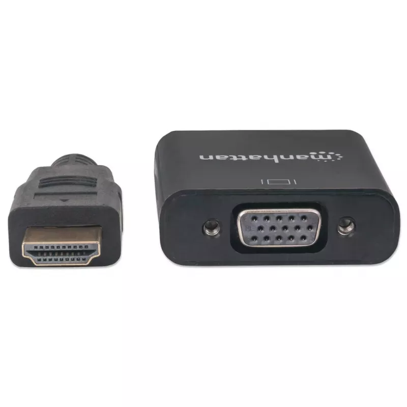 Manhattan HDMI-zu-VGA-Konverterkabel, 1080p, 30 cm, Stecker auf Buchse, Micro-USB-Stromeingang für zusätzliche Stromversorgung bei Bedarf, Schwarz, drei Jahre Garantie, entspricht HD2VGAE2.