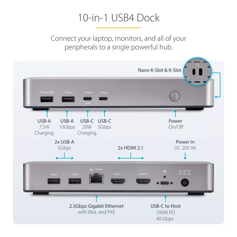 StarTech.com Dual-Monitor USB4 Dockingstation, Dual 4K 120Hz oder Single 8K 60Hz HDMI, 100W Laptop-Ladung, 2,5GbE, USB-C Multi-Monitor Dock, treiberlos