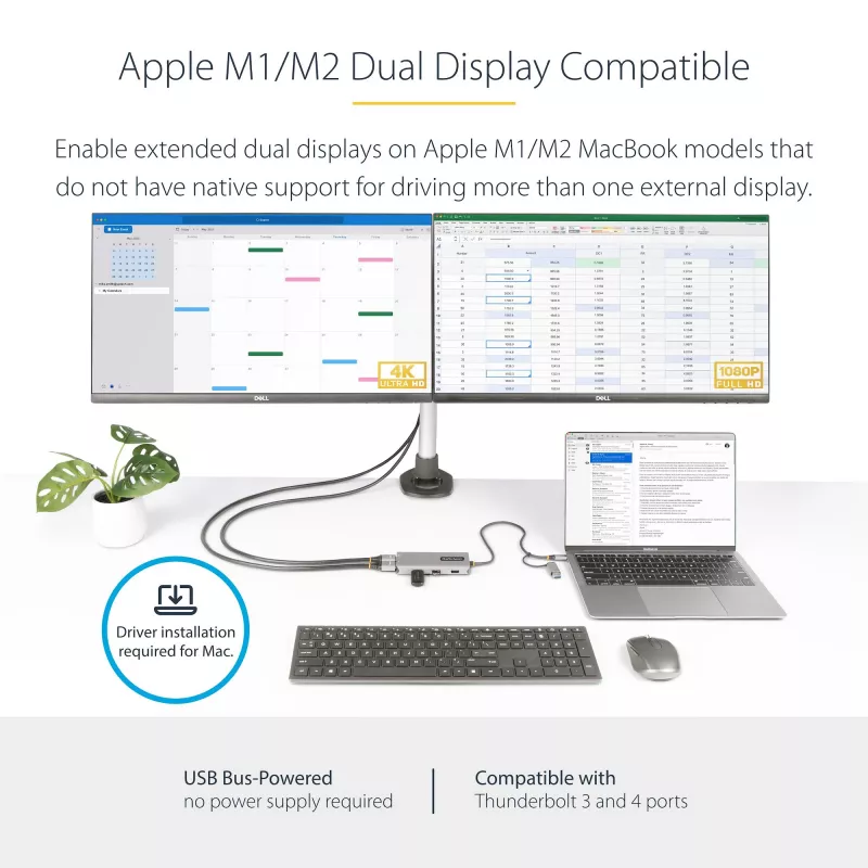 StarTech.com USB-C Multiport-Adapter mit angebrachtem USB-C-auf-USB-A-Dongle, Dual HDMI (4K30Hz/1080p60Hz), 3x USB-A 5Gbps, Mini Travel Dock, Laptop-Dockingstation, 1,3ft/40cm Kabel