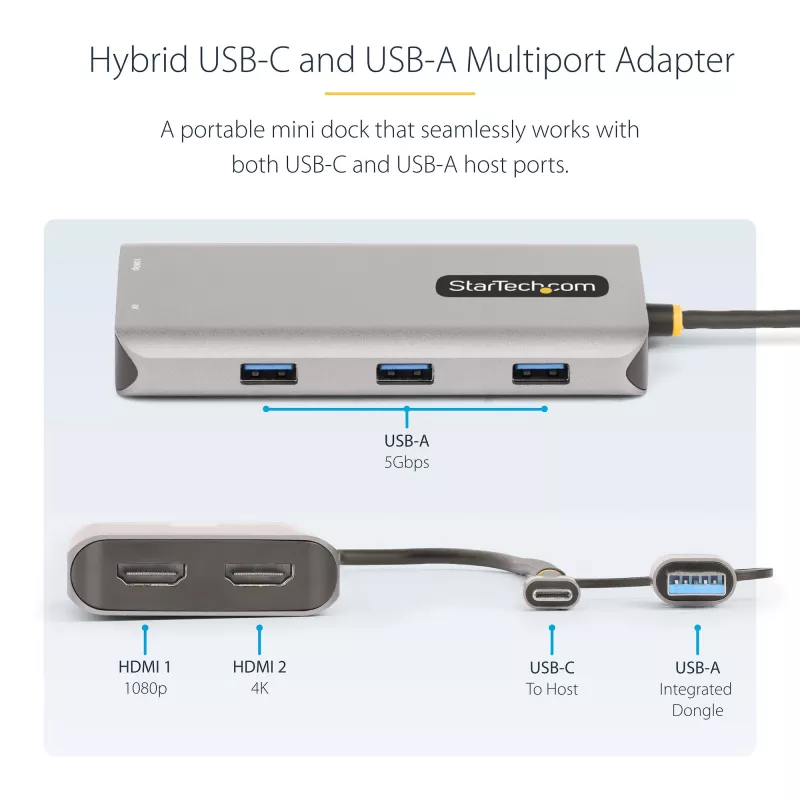 StarTech.com USB-C Multiport-Adapter mit angebrachtem USB-C-auf-USB-A-Dongle, Dual HDMI (4K30Hz/1080p60Hz), 3x USB-A 5Gbps, Mini Travel Dock, Laptop-Dockingstation, 1,3ft/40cm Kabel