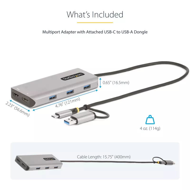 StarTech.com USB-C Multiport-Adapter mit angebrachtem USB-C-auf-USB-A-Dongle, Dual HDMI (4K30Hz/1080p60Hz), 3x USB-A 5Gbps, Mini Travel Dock, Laptop-Dockingstation, 1,3ft/40cm Kabel