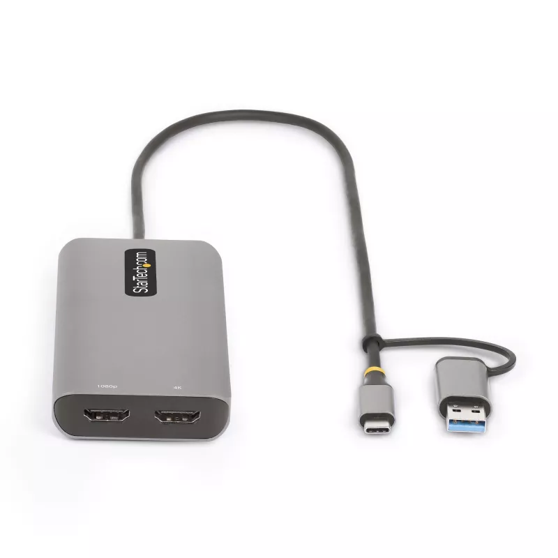 StarTech.com USB-C Multiport-Adapter mit angebrachtem USB-C-auf-USB-A-Dongle, Dual HDMI (4K30Hz/1080p60Hz), 3x USB-A 5Gbps, Mini Travel Dock, Laptop-Dockingstation, 1,3ft/40cm Kabel