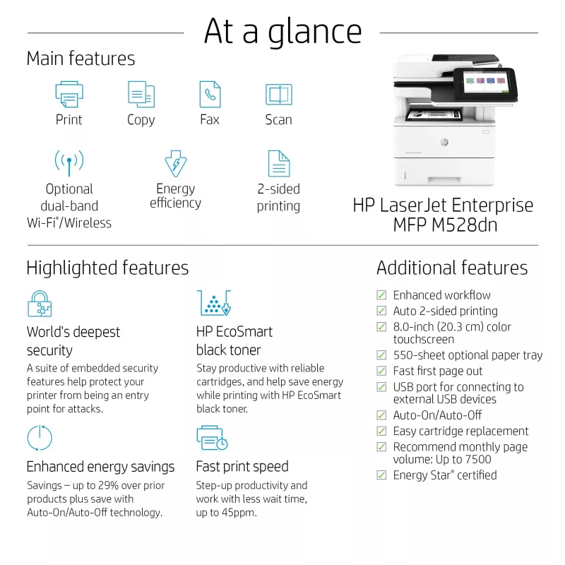 HP LaserJet Enterprise MFP M528dn, Laser, Monodruck, 1200 x 1200 DPI, A4, Direktdruck, Schwarz, Weiß
