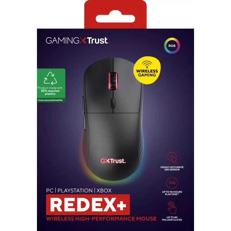 Trust GXT 927 Redex+ Maus Gaming Rechtshänder RF Wireless + USB Typ-A Laser 25600 DPI