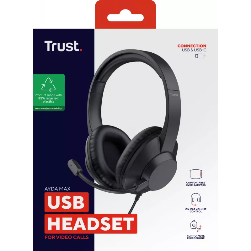 Trust Ayda Max USB Headset Kabelgebunden Head-Band Office/Call Center USB Typ-C / USB Typ-A Schwarz
