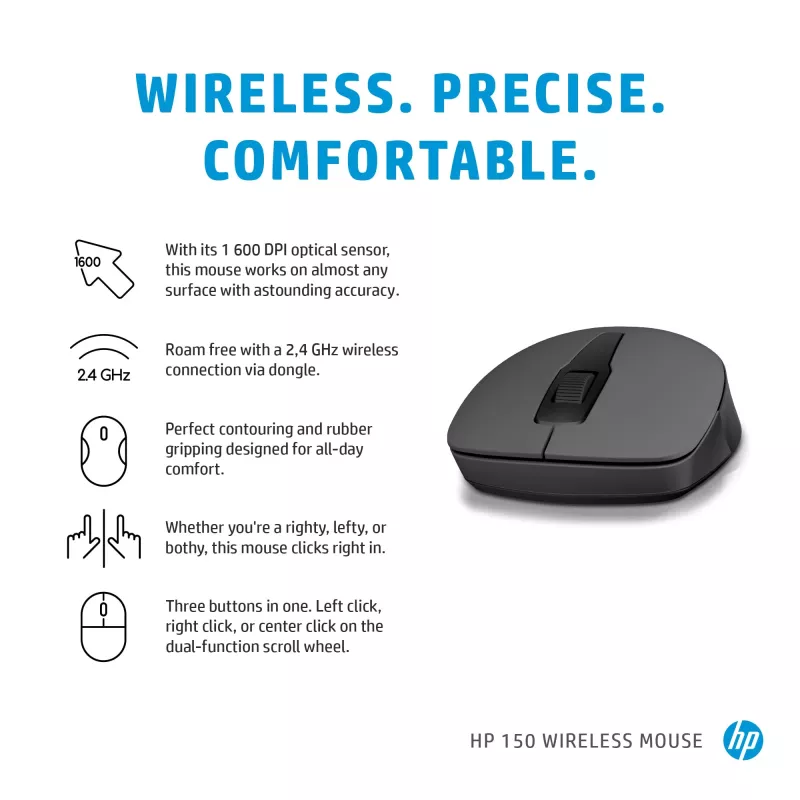 HP 150 Wireless-Maus, beidhändig, optisch, RF Wireless, 1600 dpi, Schwarz