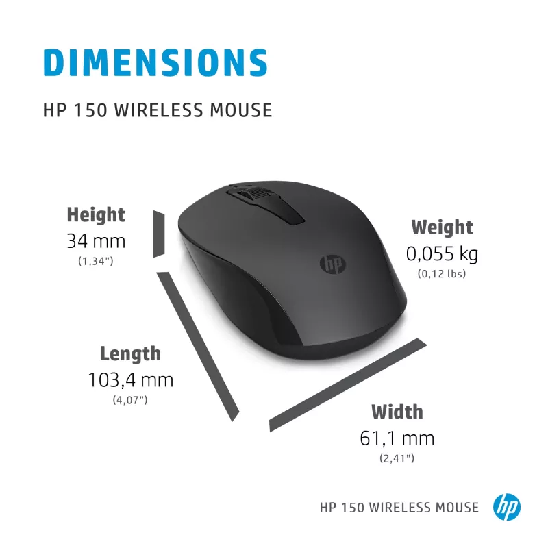 HP 150 Wireless-Maus, beidhändig, optisch, RF Wireless, 1600 dpi, Schwarz