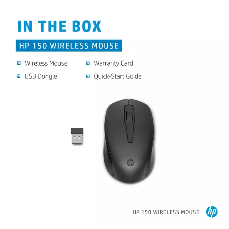HP 150 Wireless-Maus, beidhändig, optisch, RF Wireless, 1600 dpi, Schwarz
