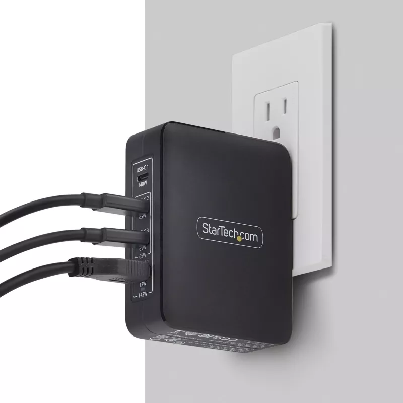 StarTech.com 140W USB-C-Wandladegerät, 3x USB-C/1x USB-A, PD 3.1 Internationales GaN-Netzteil für MacBook/Dell XPS/Inspiron