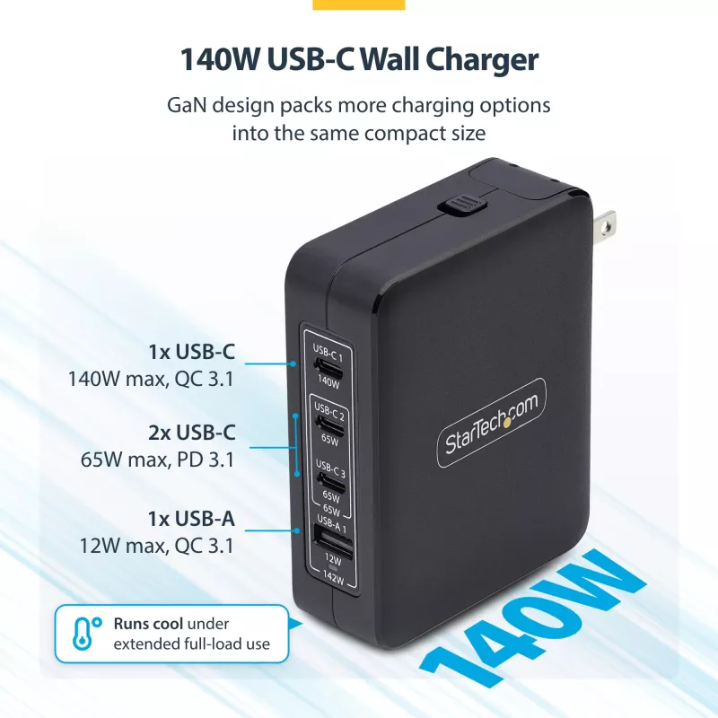 StarTech.com 140W USB-C-Wandladegerät, 3x USB-C/1x USB-A, PD 3.1 Internationales GaN-Netzteil für MacBook/Dell XPS/Inspiron