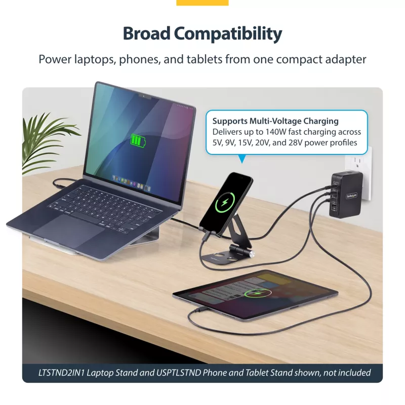 StarTech.com 140W USB-C-Wandladegerät, 3x USB-C/1x USB-A, PD 3.1 Internationales GaN-Netzteil für MacBook/Dell XPS/Inspiron