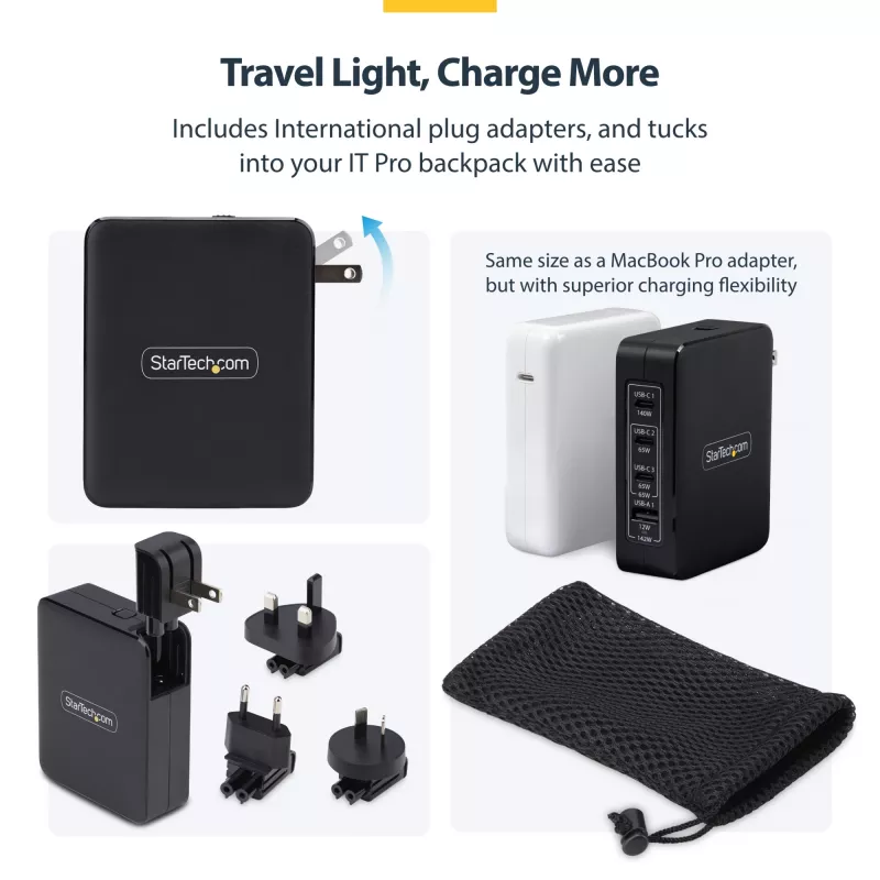 StarTech.com 140W USB-C-Wandladegerät, 3x USB-C/1x USB-A, PD 3.1 Internationales GaN-Netzteil für MacBook/Dell XPS/Inspiron