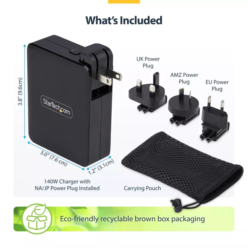 StarTech.com 140W USB-C-Wandladegerät, 3x USB-C/1x USB-A, PD 3.1 Internationales GaN-Netzteil für MacBook/Dell XPS/Inspiron